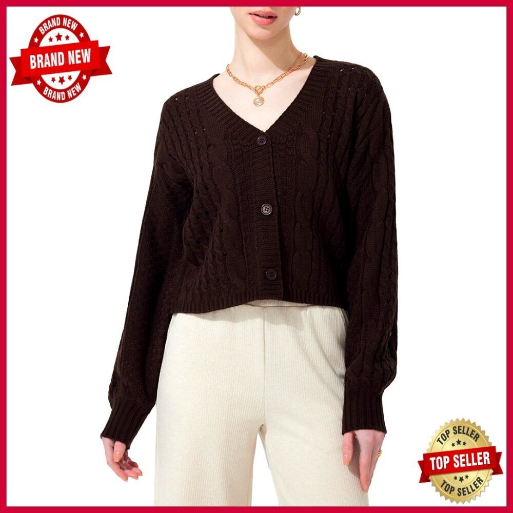 Cropped V-Neck Cardigan Sweater Lightweight Cable Knit Loose Fit Long Sleeve